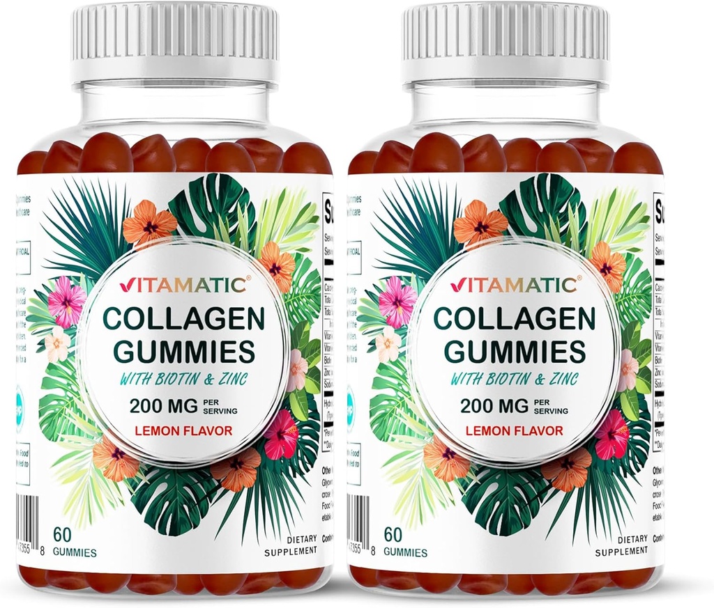 Vitamatic 2 Packs Hydrolyzed Collagen Gummies with Vitamin C, Zinc and Biotin, 200 mg - 60 Gummies (Total 120 Count)