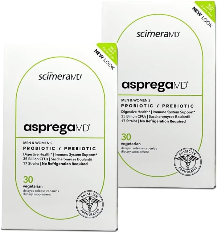 Asprega 30CT - Probiotic + Prebiotic Supplement | 17 Strains, 35 Billion CFUs | Delayed Release | Saccharomyces Boulardii | for Men & Women | by ScimeraMD, 2-Pack