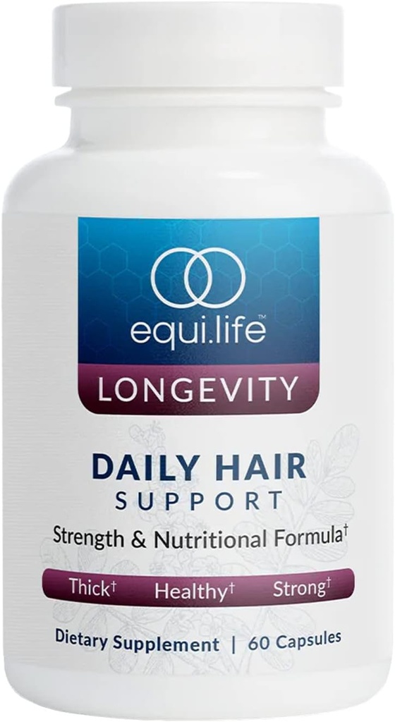 Equilife Daily Hair Support, Supplément Cheveux avec Biotin, Ashwagandha, Zinc, Sélénium, et Saw Palmetto, Vitamines et Minéraux pour le Nourrissement des Cheveux et du Scalp, Sans gluten, 60 Capsules