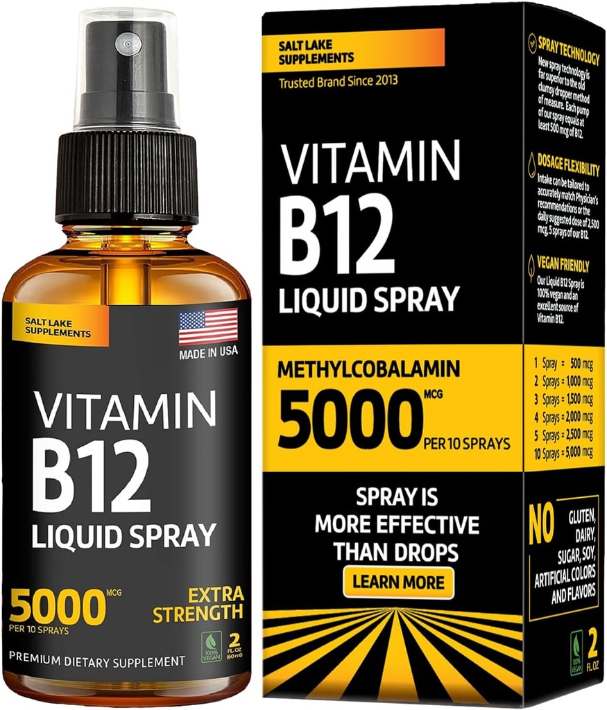 Vitamine B12 Spray sublingual 5000 mcg – Vegan Methylcobalamin Liquid B12 Boost Energy, Mood & Brain Health - Spray sans gluten, sans OGM B12 pour les hommes et les femmes - Posologie facile (5000 mcg dans 10 sprays)