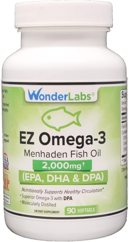 Atlantic Menhaden Huile de poisson Omega-3 2000 mg, sans Burpless, Fabriqué aux États-Unis, parfait équilibre de l'EPA+ DHA + DPA 90 Softgels