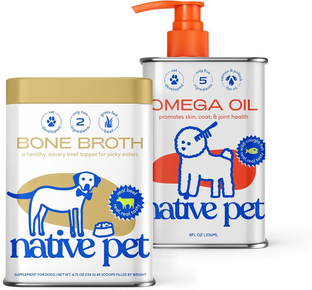 Huile d'Oméga pour chiens (8 oz.) et broyeur à os de boeuf pour chiens (4,75 oz.) - Fabriqué avec de l'huile de saumon sauvage de l'Alaska - EPA DHA et broyeur à os Topper alimentaire pour mangeur piquant
