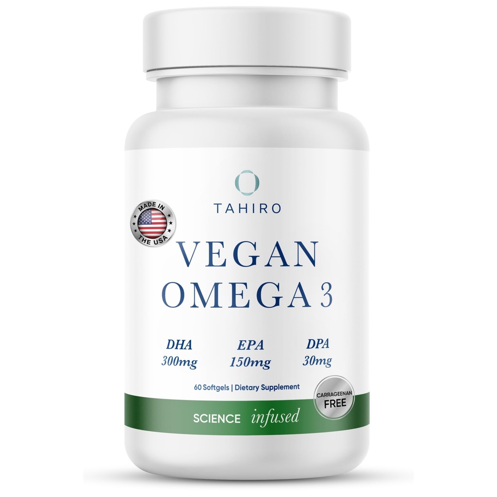 TAHIRO Vegan Omega-3 Softgels - Supplément à base de plantes avec DPA, DHA et EPA - Nutriments pour les hommes, les femmes et les femmes enceintes - Soutienne la santé cérébrale - Suppléments prénatals et articulaires, 1000mg
