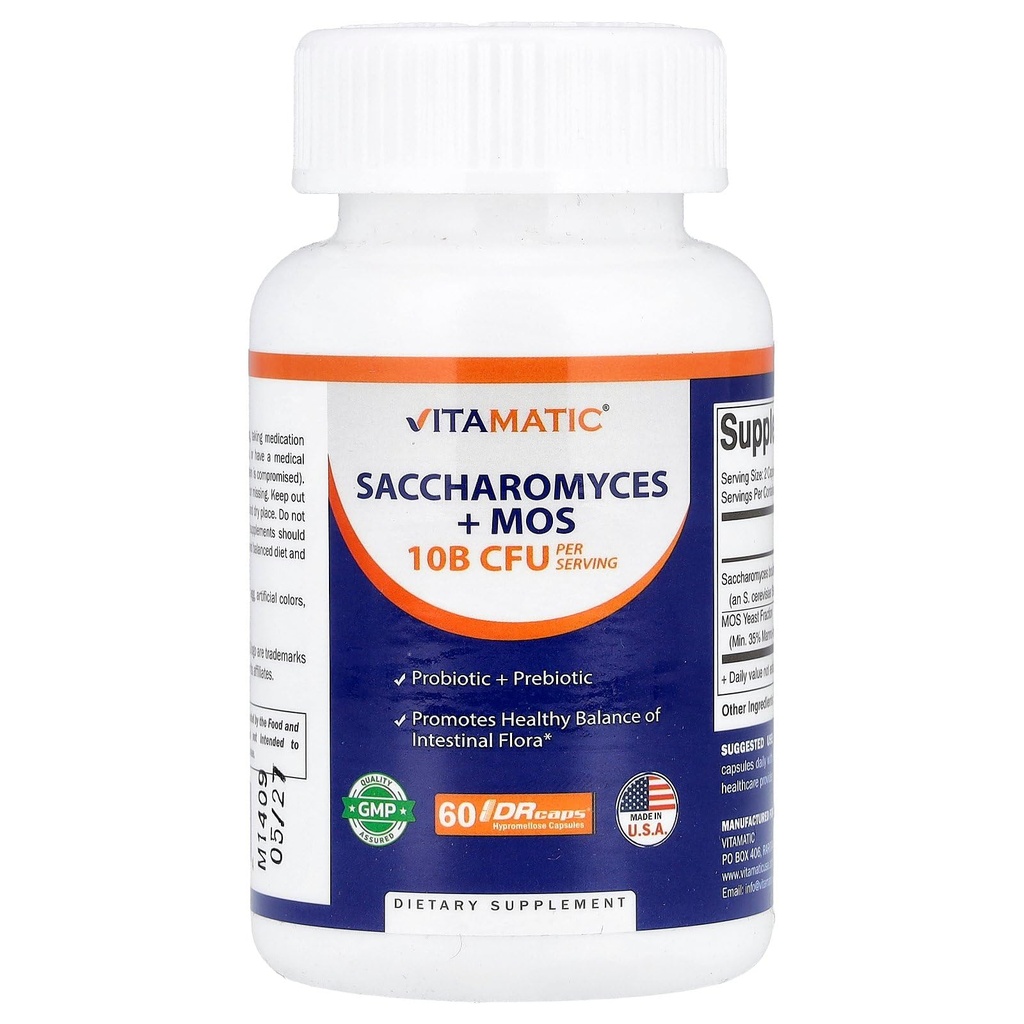 Saccharomyces boulardii probiotique 10B par portion + extrait de levure (fraction de levure MOS) 300 mg - 60 gélules DR - Fabriqué aux États-Unis