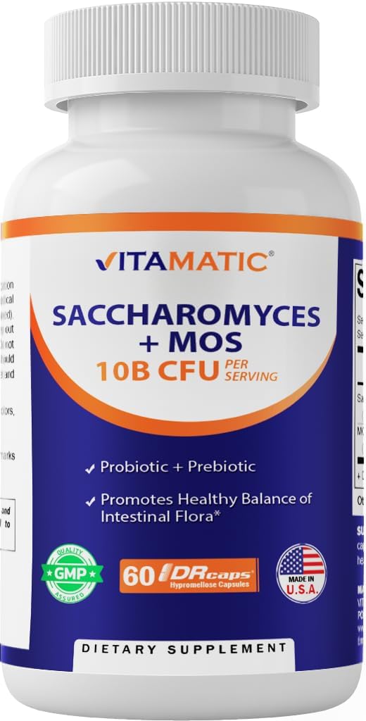 Vitamatic Saccharomyces Boulardii Probiotic 10B per Serving + Yeast Extract (MOS Yeast Fraction) 300 mg - 60 DR Capsules - Made in The USA