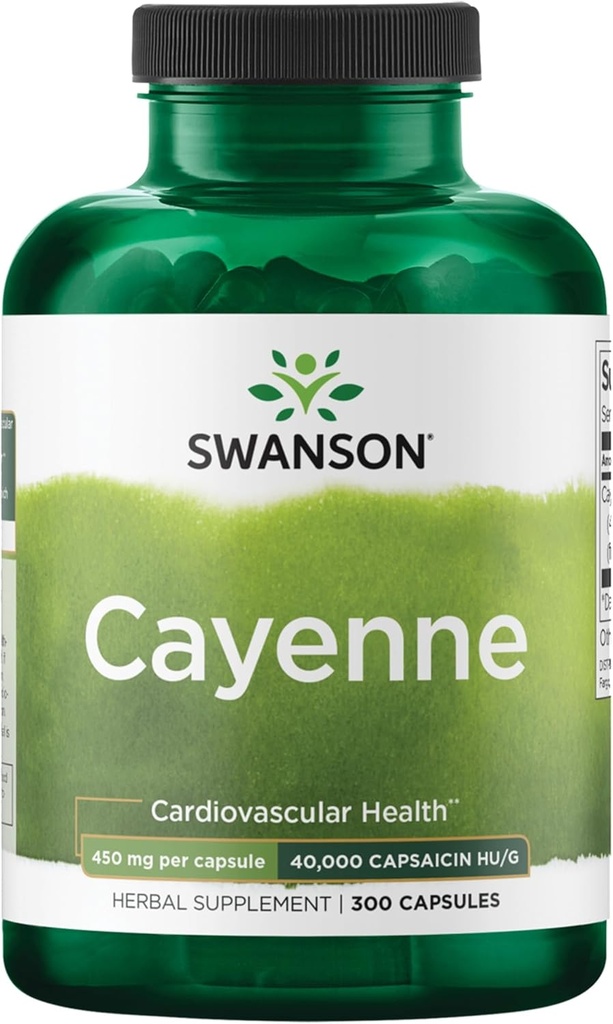 Swanson Cayenne - Supplément à base de plantes favorisant la digestion, la circulation et le métabolisme - La formule naturelle peut soutenir la santé cardiaque - (300 capsules, 450mg chacune)