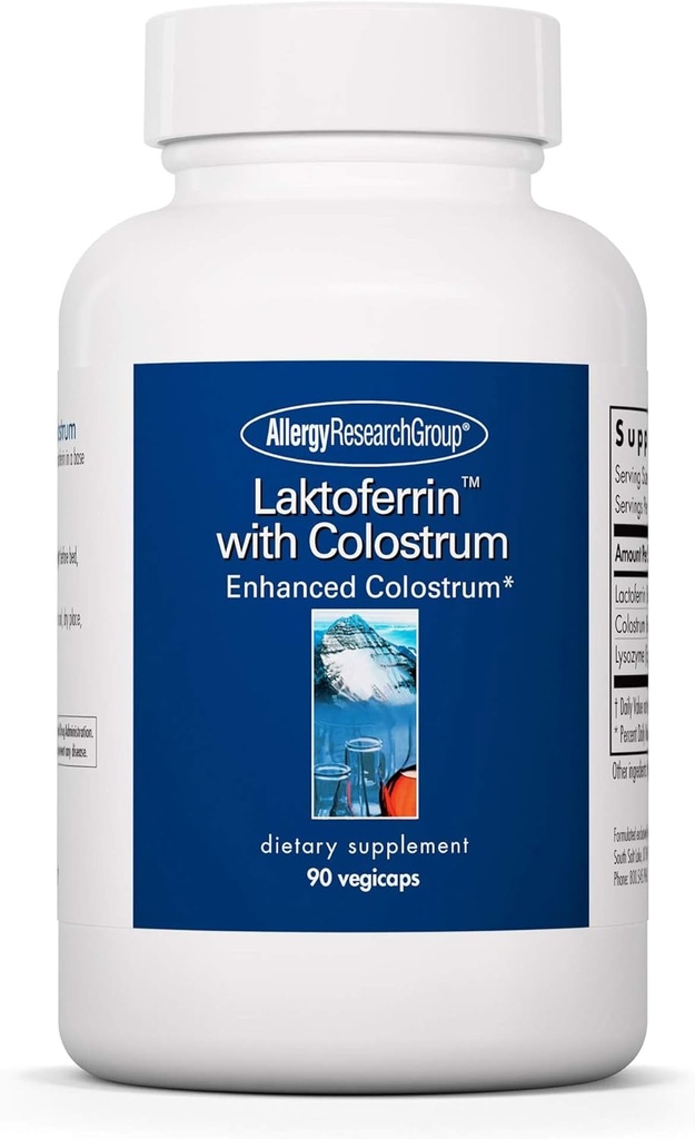 Groupe de recherche sur l'allergie Lactoferrine avec supplément de colostrum - Lactoferrine, Bovine Colostrum, Immunoglobuline, Lysozyme, IgG, IGA, IgM, Capsules végétales - 90 Nombre