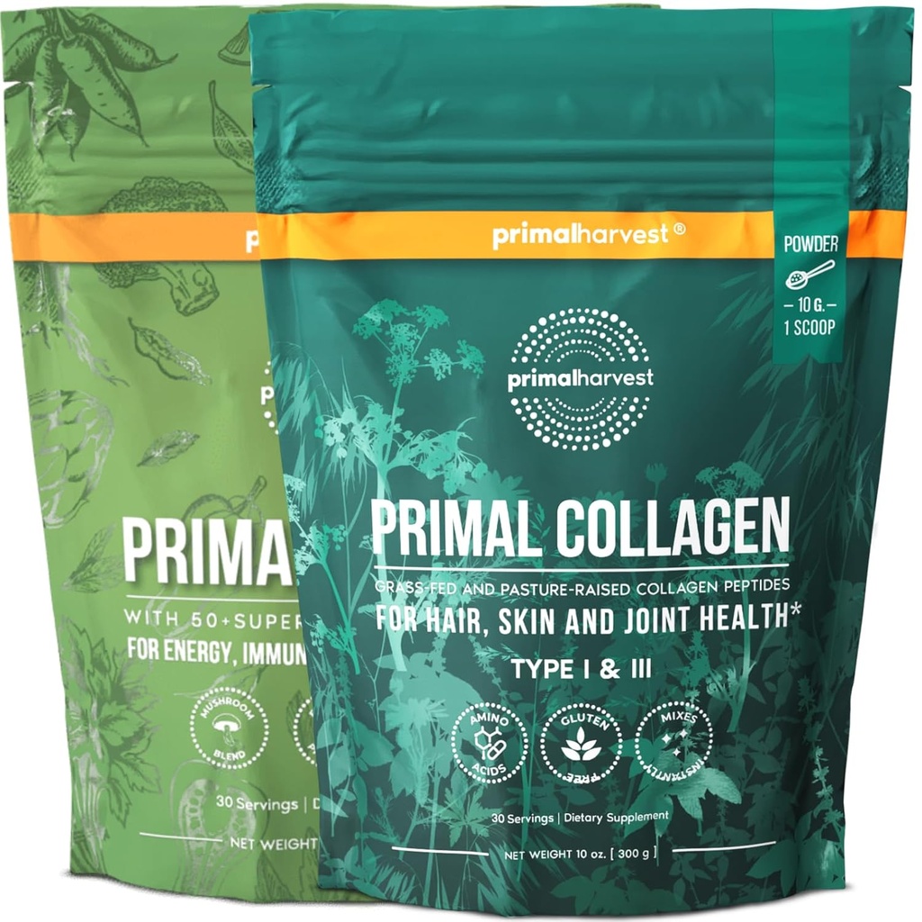 Primal Harvest Super Greens & Collagen Powder Suppléments pour femmes et hommes Superfood Greens Poudre et collagène Peptides Poudre pour cheveux, peau et ongles