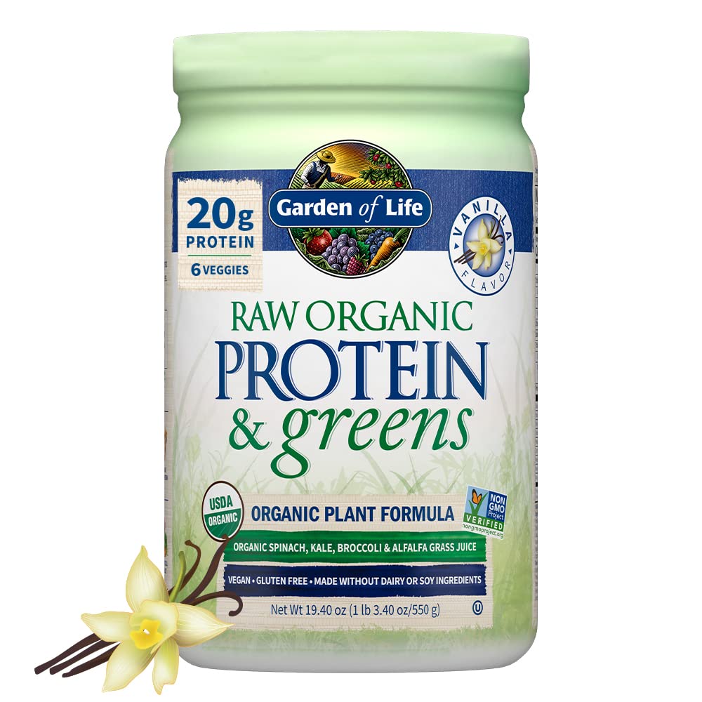 Jardin de la vie Protéines organiques brutes & Verts Vanille - Poudre de protéines végétales pour les femmes et les hommes, protéines végétales et de pois, verts et probiotiques, sans gluten Shake faible carbure fait sans lait 20 portions