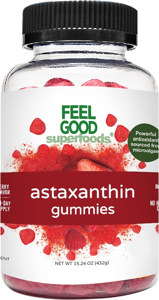 FeelGood Superfoods Astaxanthin Supplements, 6mg Antioxidant Gummies for Skin and Eye Health, Berry Flavor, Vegan, Non-GMO, 60 Count