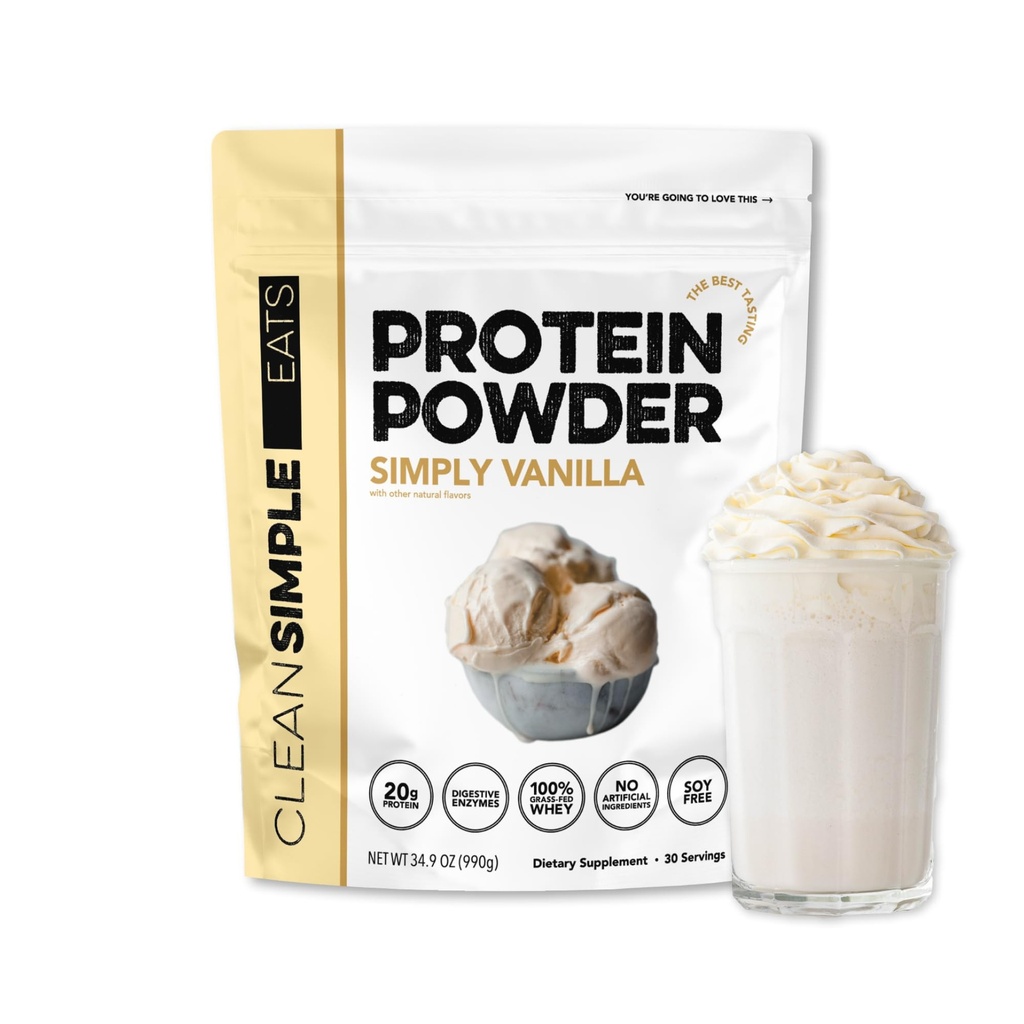 Clean Simple Eats Whey Protein Powder, Simply Vanilla Flavor Naturally Sweetened, 100% Grass Fed Protein Powder with Digestive Enzymes & No Artificial Ingredients, Gluten Free, 30 Servings