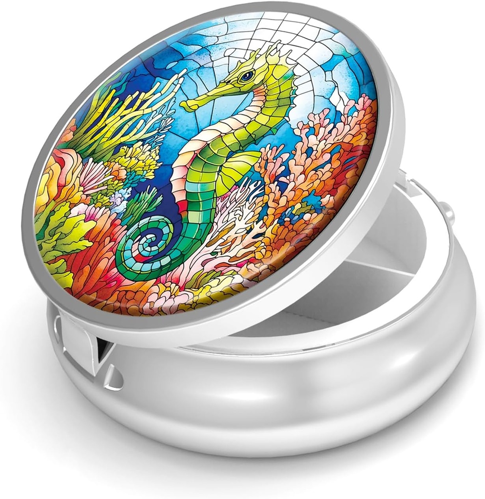 Pill Box-3 Compartiment petit cas de pilule pour la Purse & Pocket Mini Pill Holder Metal Travel Pill Container to Hold Suppléments Vitamines Free BPA (Seahorse)