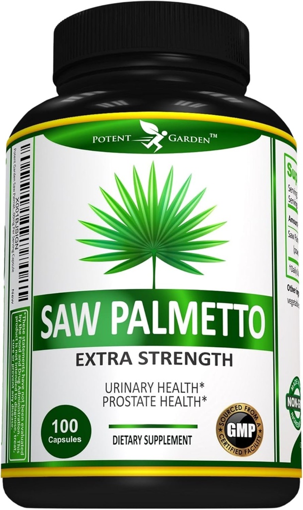 Potent Garden Saw Palmetto 500 mg - Suppléments prostatiques pour les hommes - Soutient une miction saine Fréquence et débit - Non OGM, 100 Saw Palmetto Capsules