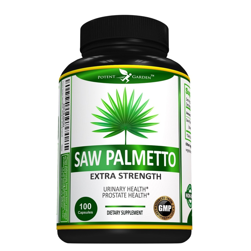 Potent Garden Saw Palmetto 500 mg - Suppléments prostatiques pour les hommes - Soutient une miction saine Fréquence et débit - Non OGM, 100 Saw Palmetto Capsules