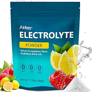 Airboy Electrolytes Poudre Sans Sucre, Mélange d'électrolyte de Keto, 1000 mg de potassium, Sodium faible, Lemon Raspberry Flavor Supplément de boisson d'hydratation pour le soulagement et la réhydratation de la déshydratation, 32Servings