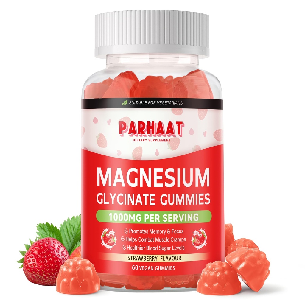 Gommies glycinées de magnésium - Supplément de potassium de magnésium sans sucre avec vitamine D, B6, CoQ10 pour l'humeur calme et le soutien du sommeil - 60 fraises