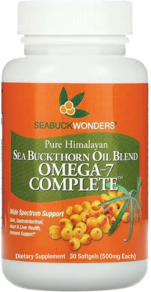 SeabuckWonders Huile de Buckthorn de mer biologique, Omega-7 Complete Softgels, 30 Compte, avec Omega 3, 6 et 9, soutient la santé des cheveux, de la peau et des ongles, 1000mg par service