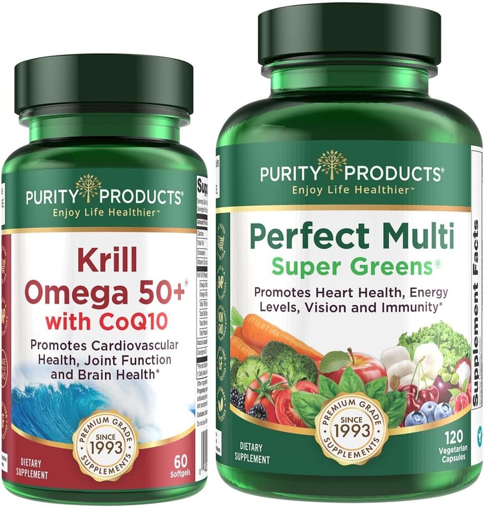 Ensemble de produits de pureté - Krill Omega 50+ avec CoQ10 + Perfect Multi Greens