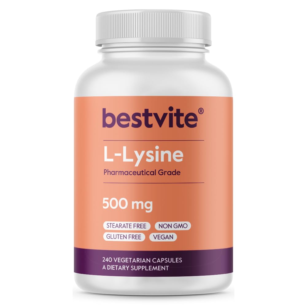 BESTVITE Filler-Free L-Lysine 500mg (240 gélules) - Vegan - Pas de stéarates ou de remplissage - Non OGM - Sans gluten - Pas de phosphate dicalcique - Acides aminés favorisant la peau, les lèvres et la santé immunitaire*