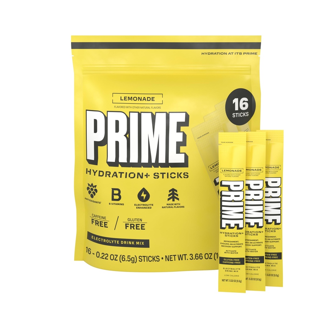 PRIME HYDRATION+ Sticks Lémonade de poudre d'hydratation Bâtons à usage unique de poudre d'électrolyte sur le go de faible teneur en sucre de caféine sans végétalien de 16 bâtons