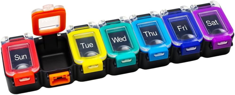 EZY DOSE Weekly (7 jours) Planificateur quotidien de pilules, Cas de médicaments, Contenant d'organisateur de vitamines, Compartiments de verrouillage étanches pour sécuriser les médicaments sur ordonnance et prévenir les déversements accidentels, Rainbow