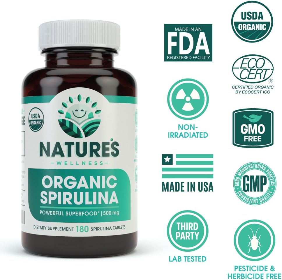 Comprimés de Spiruline Biologique USDA - Supplément de Superfood Vert non OGM: 3000mg d'algues vertes bleues fraîches, végétaliens, sans gluten, cultivés de façon durable, sans pesticides et non irradiés, 500mg par comprimé, 180'