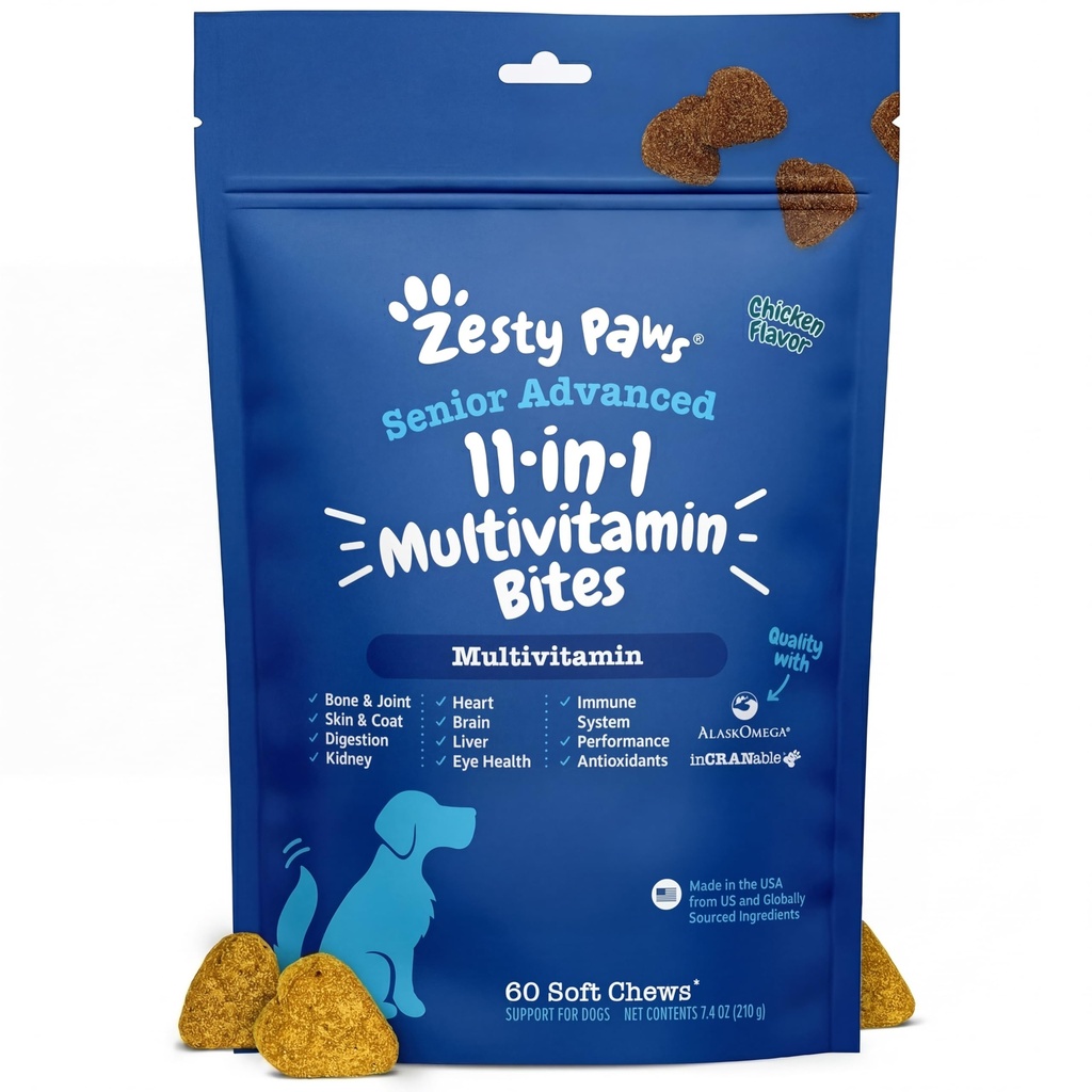 Zesty Paws Senior Dog Multivitamin Treats - Glucosamine pour chiens + enzymes digestives et probiotiques - Vitamines et suppléments sans grains pour chiens pour la peau et le manteau + poulet de santé immunitaire - Avancé - 60ct