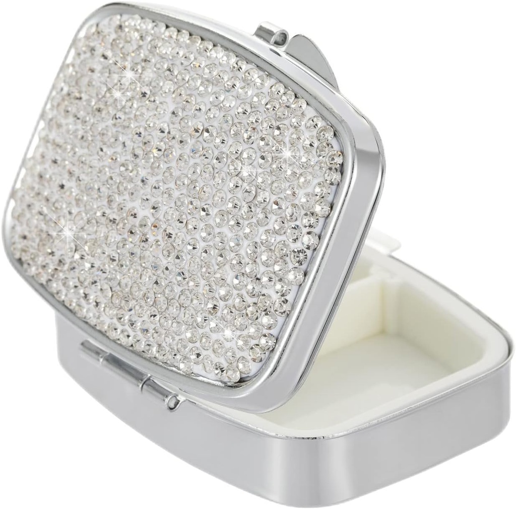 Pocket Pharmacy Bling 2 Compartment Medicine Organizer Small Cute Pill Container Travel Pill Box Case for Purse Square Vitamin Holder for Pocket(Silver)