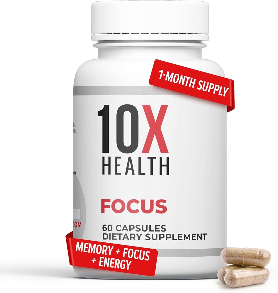 10X Health Focus Rhodiola Rosea - Suppléments Cerveau pour la Mémoire et la Focus - 60 Capsules Focus Supplément, Supplément Mémoire pour la Santé du cerveau avec Ginkgo Biloba, Huperzine A - Ginkgo Biloba Capsules