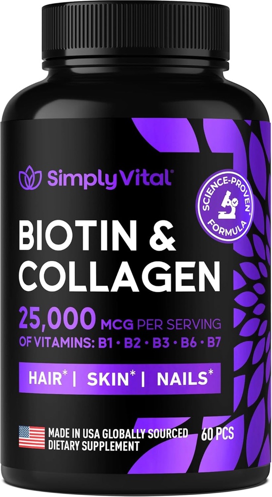 Suppléments de biotine et de collagène avec kératine 25000 mcg - Peau de cheveux et ongles Vitamines avec complexe de kératine B de collagène - Fabriqué aux États-Unis - Biotine pour la croissance des cheveux Femmes et hommes Support Peau et ongles, 60 Capsules
