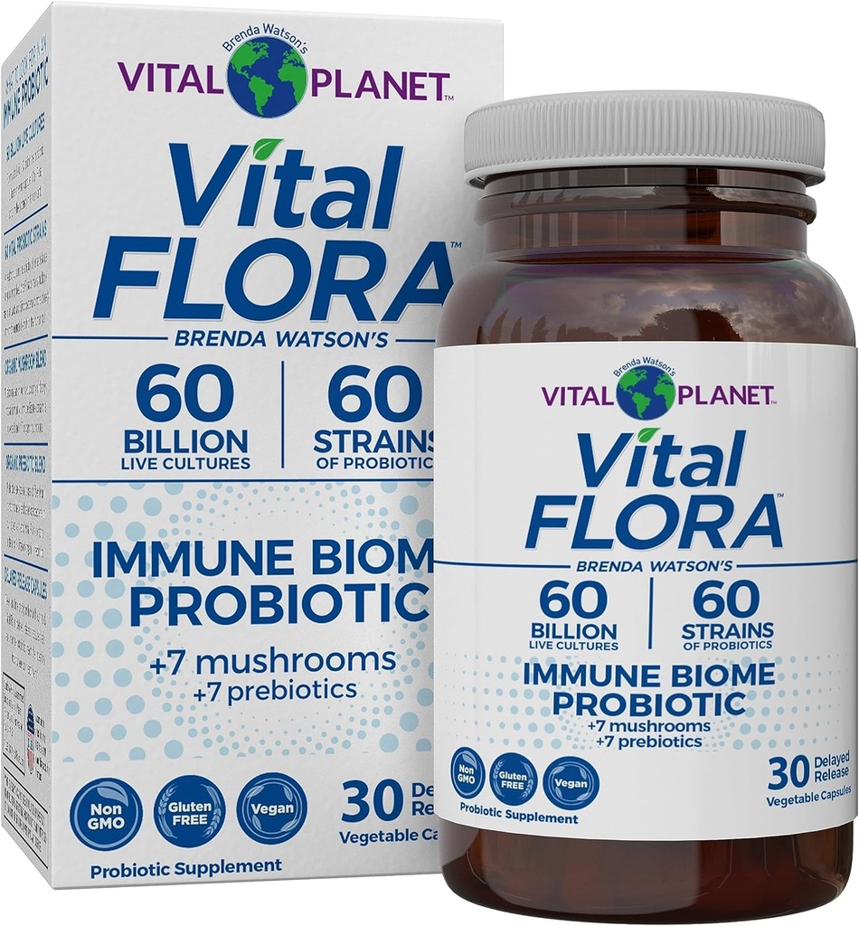 Vital Planet - Vital Flora Immmune Support Probiotique, 60 Million CFU, Diverses souches, Mélange de complément de champignons biologiques avec prébiotiques, Probiotiques de santé digestif pour les femmes et les hommes 30 Capsules