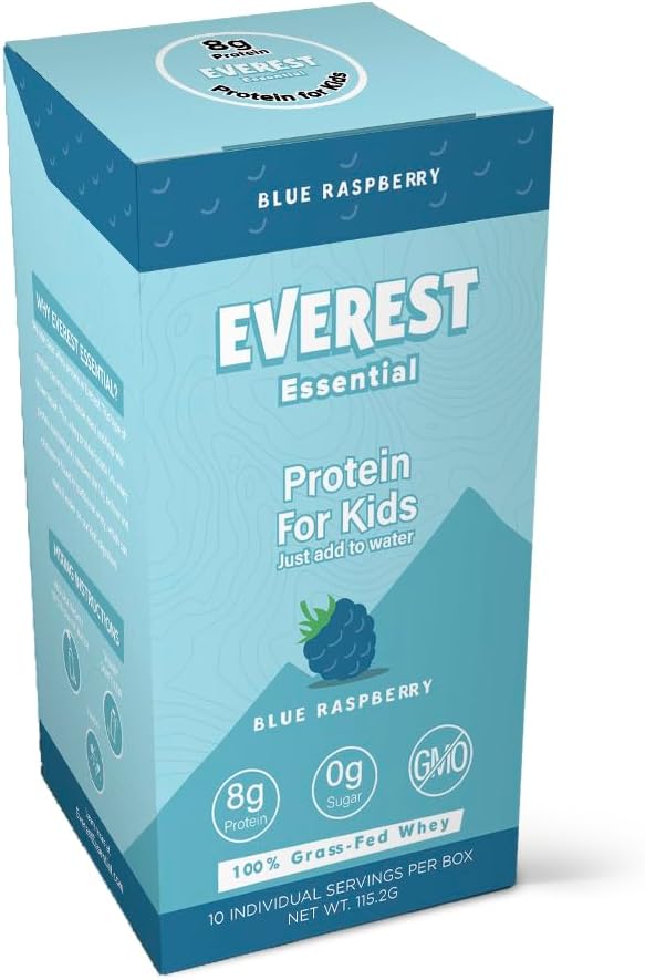 Everest Essential, poudre de protéines de lactosérum clair pour enfant (framboise bleue, 10 paquets) Mélange de boissons protéiques pour enfants, électrolytes pour enfants, 8g de protéines par portion, non OGM, sucre ajouté zéro