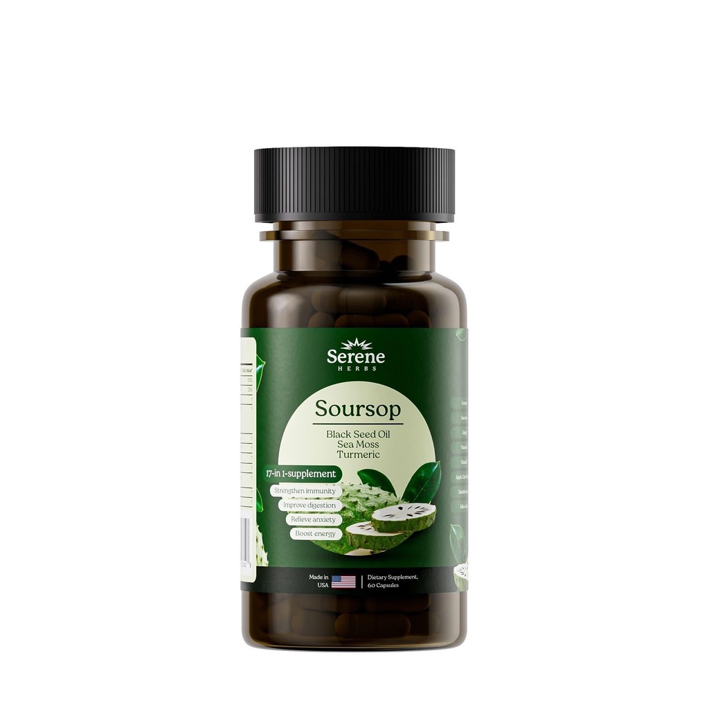 Serene Herbs 17-en-1 Capsules de mousse de mer avec Seamoss Irlandais, Huile de Graine Noire, Ashwagandha, Turmeric & Bladderwrack - Immunity, Energy & Gut Support avancé - Supplément naturel à base de plantes - 60 Compte