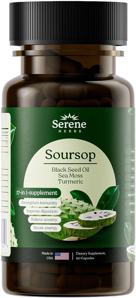 Serene Herbs 17-en-1 Capsules de mousse de mer avec Seamoss Irlandais, Huile de Graine Noire, Ashwagandha, Turmeric & Bladderwrack - Immunity, Energy & Gut Support avancé - Supplément naturel à base de plantes - 60 Compte