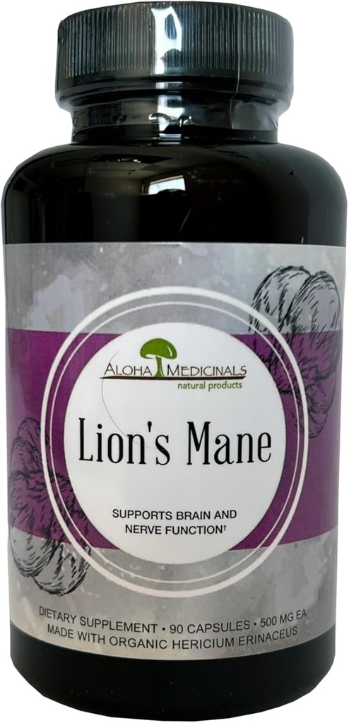 Aloha Médicament Manille Lion, Supplément de Champignon Bio certifié,Supporte Mémoire et Concentration, Pack de 1, 90 Capsules