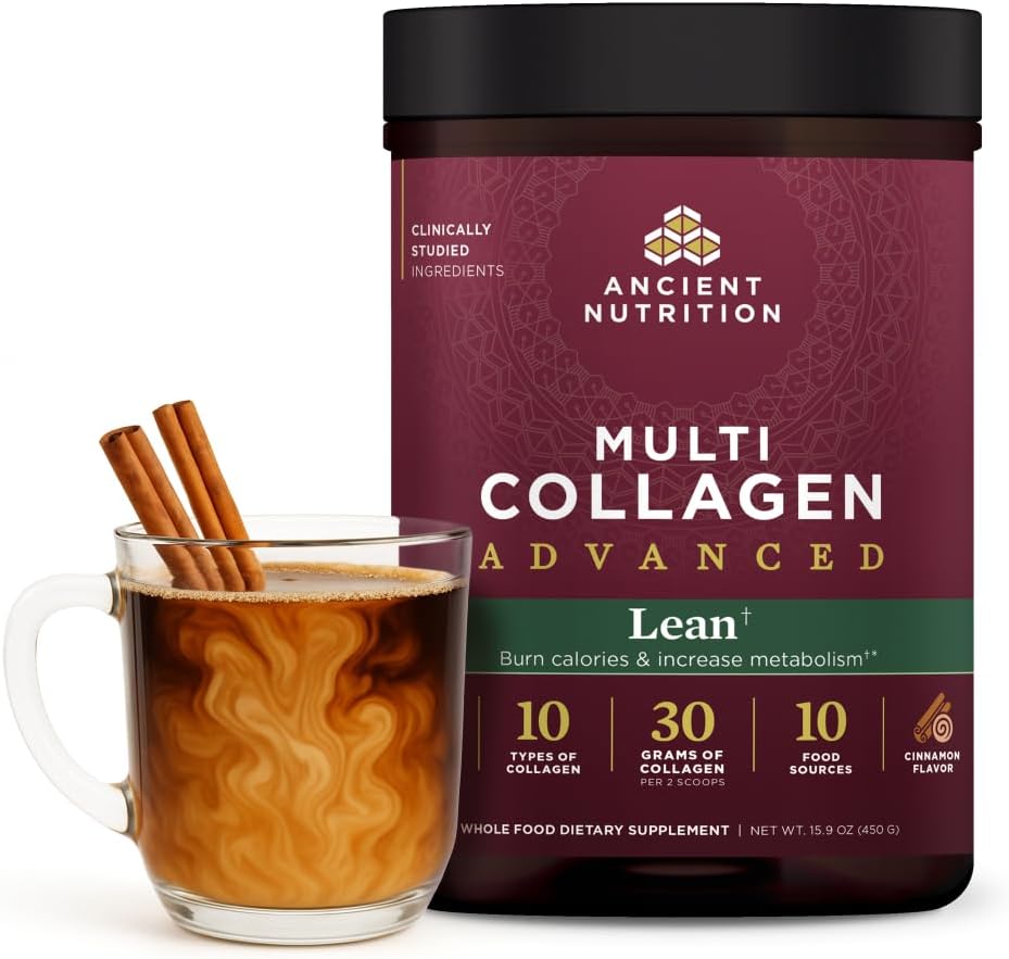 Ancient Nutrition Advanced Hydrolyzed Collagen Peptides Powder Protein Lean avec des probiotiques et de la vitamine C, cannelle, pour les femmes et les hommes, soutient la gestion du poids santé et le bâtiment musculaire, 25 portions