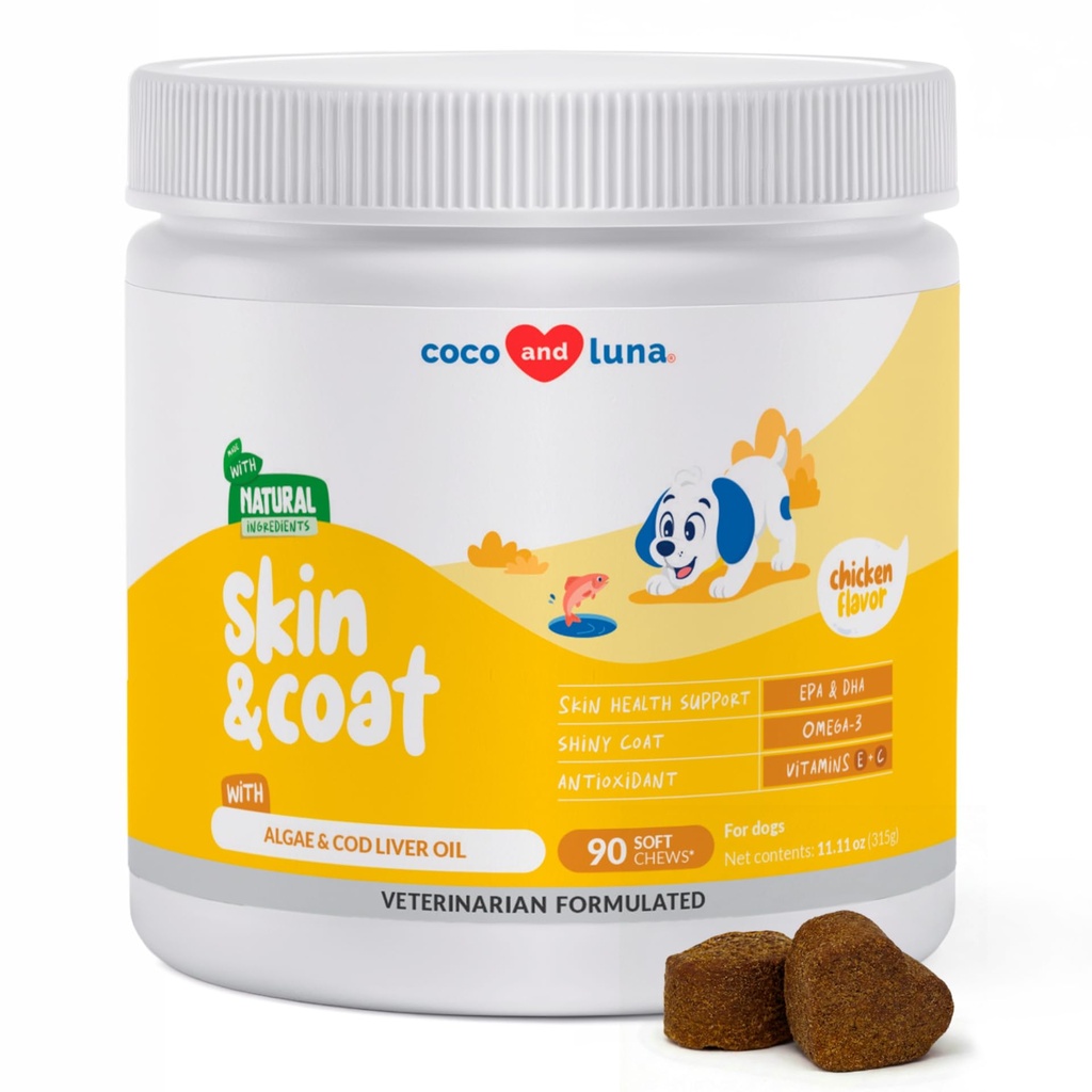 Huile de poisson Omega 3 pour chiens - Supplément de peau et de manteau avec huile de foie de morue, algues, acides gras de l'EPA et DHA pour l'échafaudage des chiens, le soulagement des démangeaisons, les taches chaudes, l'allergie cutanée, le soutien articulaire et cardiaque - 90 Chews doux