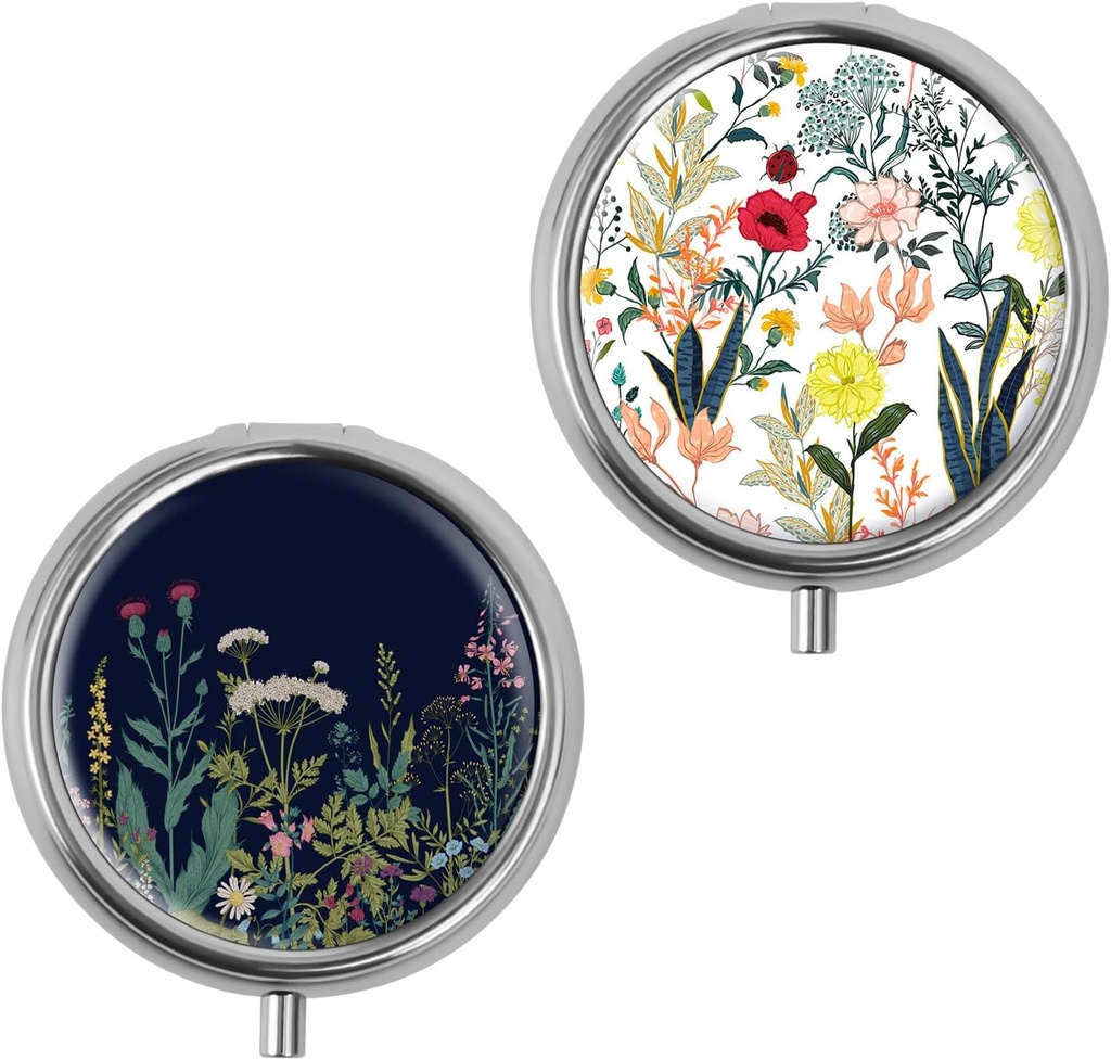 Mini Pill Box, Small Pill Box, Portable Pill Box, Cute Pill Organizer for Vitamins, Medications, Fish Oil and Supplements (White Flowers + Black Flowers)