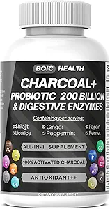 Capsules de charbon activées – force supplémentaire avec Shilajit, probiotiques CFU 200 milliards, enzymes digestives, menthe poivrée, fenouil, réglisse et gingembre – 120 capsules (paquet de 1)