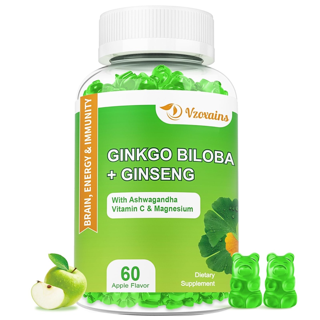 240MG Ginkgo Biloba Gummies avec Ginseng et Magnésium, Ginko Biloba Suppléments Gummies pour Focus Cerveau, Mood et Mémoire pour Adultes, 60 Cts