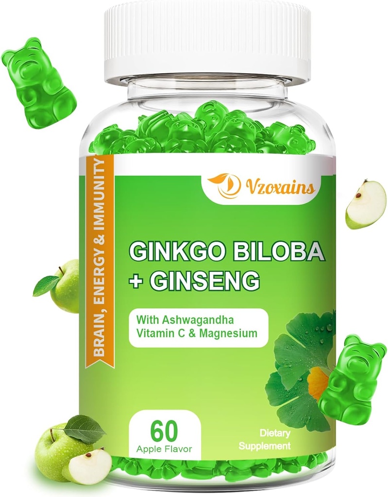 240MG Ginkgo Biloba Gummies avec Ginseng et Magnésium, Ginko Biloba Suppléments Gummies pour Focus Cerveau, Mood et Mémoire pour Adultes, 60 Cts