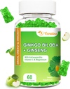 240MG Ginkgo Biloba Gummies avec Ginseng et Magnésium, Ginko Biloba Suppléments Gummies pour Focus Cerveau, Mood et Mémoire pour Adultes, 60 Cts