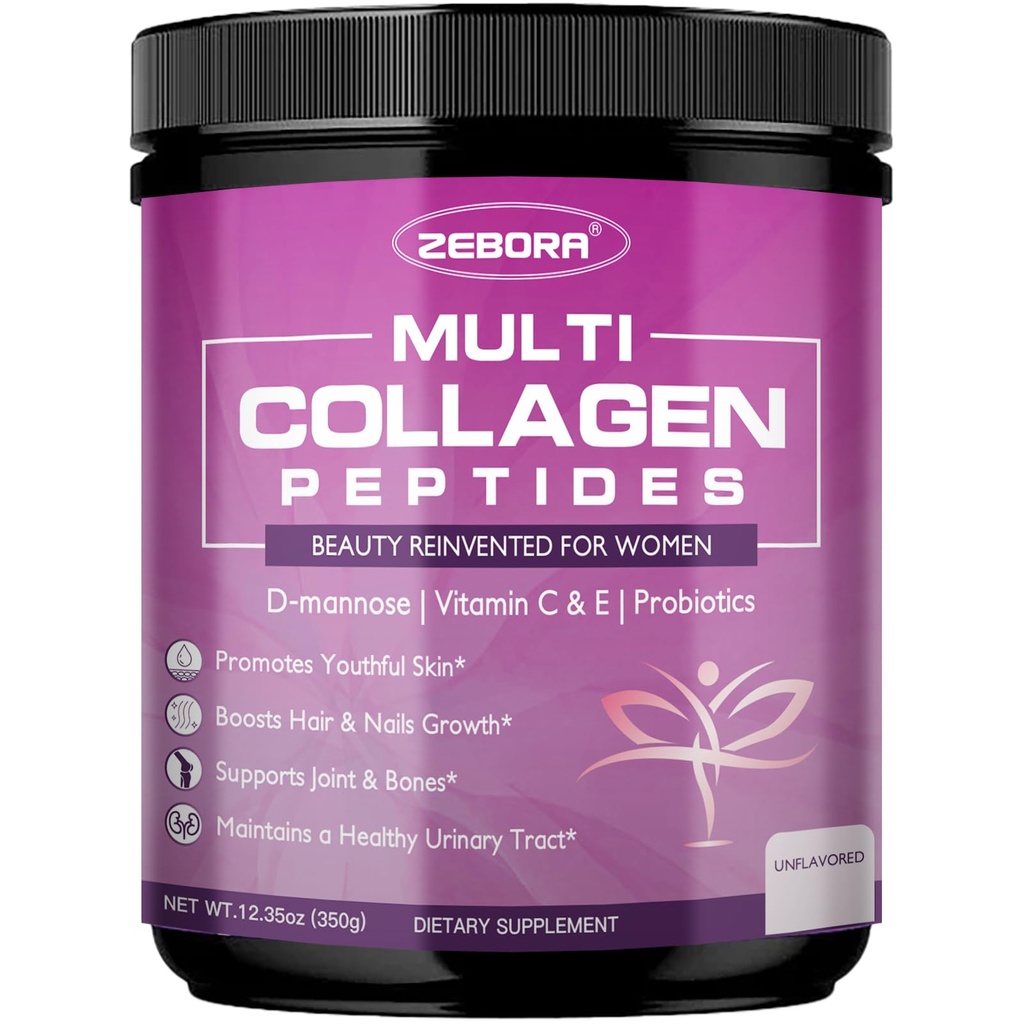 ZEBORA poudre de Peptides Multi Collagène pour femmes – Peptides de Collagène hydrolysés avec D-Mannose et probiotiques pour femmes – soutient la peau, les cheveux, les ongles, et la santé urinaire, non aromatisé, 35 portions