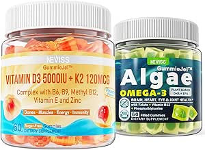 NEVISS Vitamine D3 5000UI + K2 (MK-7) 120mcg Gommies remplies + Oméga végétalien 3 Gommies 1000mg