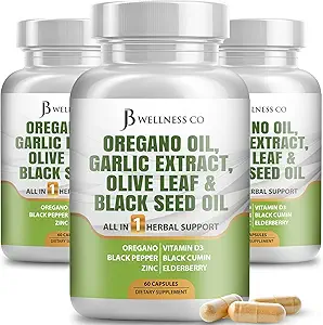 JB Wellness Oregano huile, extrait d'ail, feuille d'olive, avec Astragalus - Imune support et supplément de santé digestif pour les femmes et les hommes - 180 comte