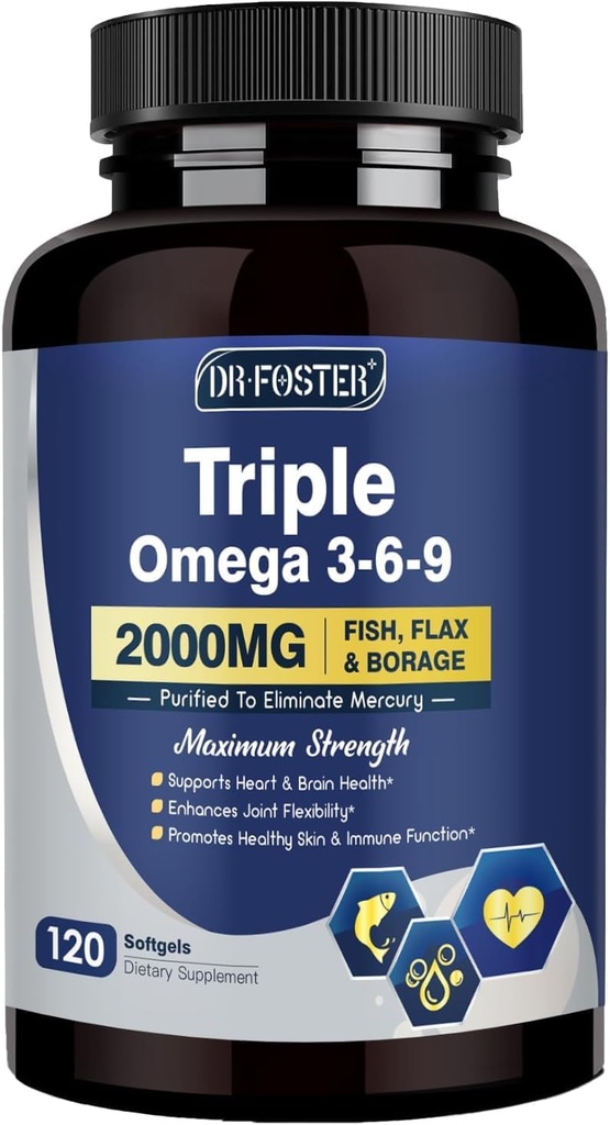 Triple Omega 3-6-9 Huile de poisson 2000mg avec vitamine E - Supplément ADP et ADH Acides gras - Soutient la santé du coeur, du cerveau, des yeux, de la peau et des immunes - Inclut les graines de lin et le bore, non OGM, 120 softgels