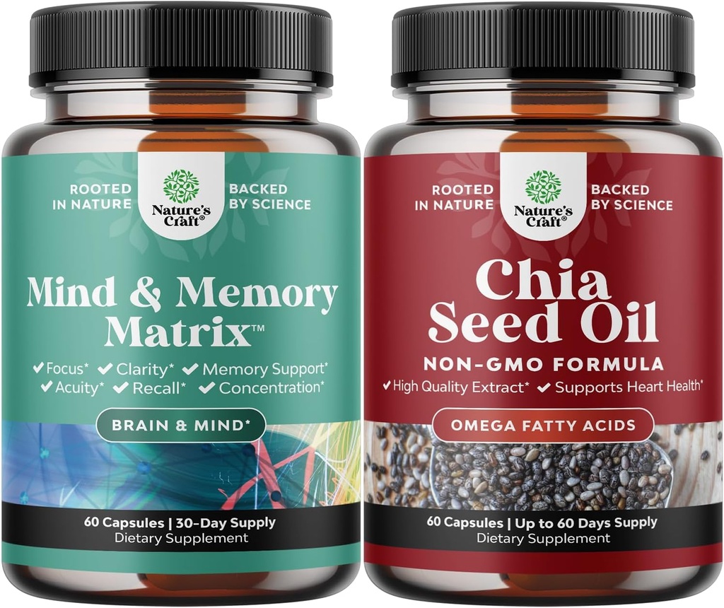 Ensemble de complément de cerveau avancé avec Nootropics pour la mémoire, Focus, Clarity, Energy et Chia Capsules d'extraction d'huile de graines avec Omega 3 6 9 à base de plantes et Fibre pour le Cœur, Digestive & Immune Support