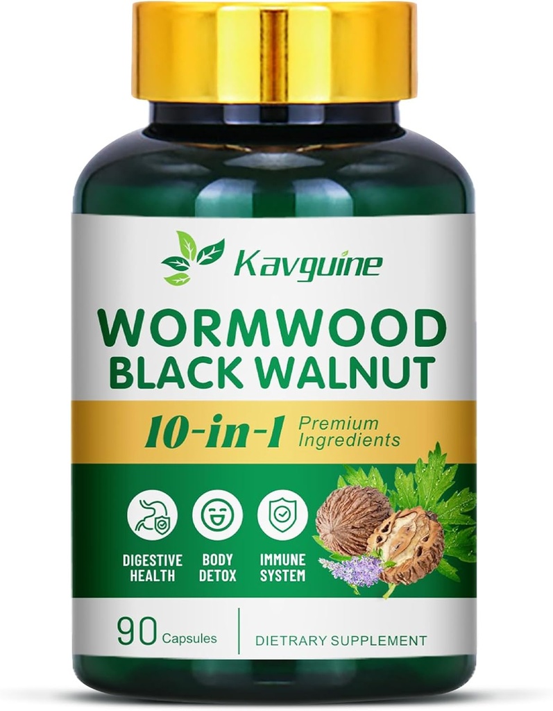 10 capsules en 1 Wormwood - Supplément 90 capsules, coques de noix noires, vêtements, poivre noir, racine curcumine curcumine curcuma, feuille de menthe poivrée, soutient la santé coupée et équilibre digestif
