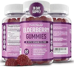 Gummies de sureau purement optimales - Supplément de soutien immunitaire avec vitamine C et zinc, extrait de sureau noir biologique, végétalien, non-OGM, sans gluten, 60 comte