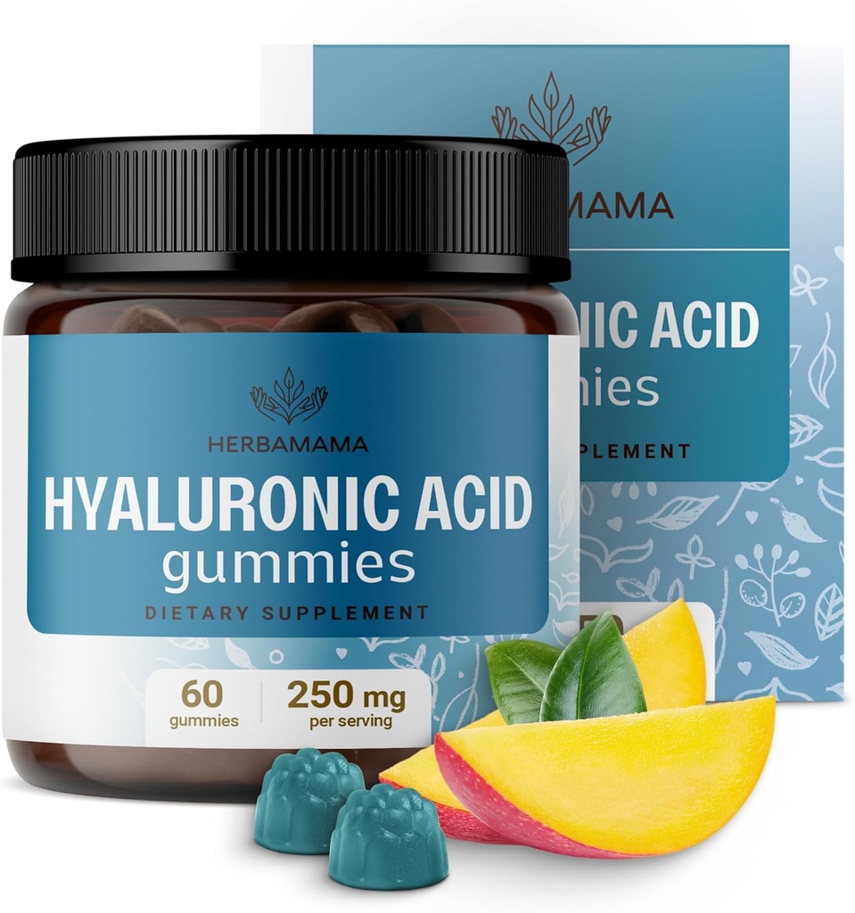 Gommies d'acide hyaluronique HERBAMAMA - 250mg Acide hyaluronique pur pour les cheveux, la peau et les ongles - Vegan, Supplément d'élasticité cutanée non-OGM - 60 Amandes à base de pectine